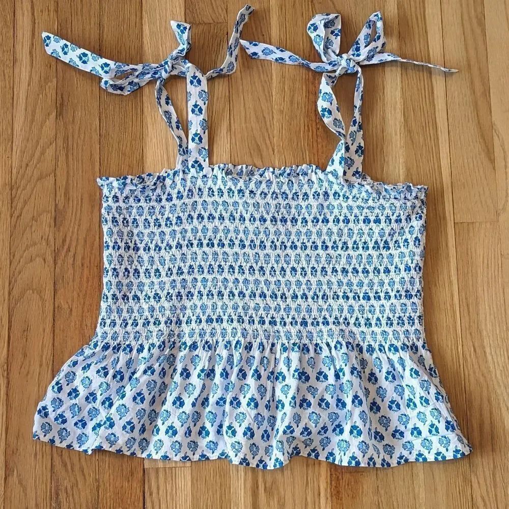 J. Crew Blue and white ikat print smocked peplum tank top sleeveless blouse